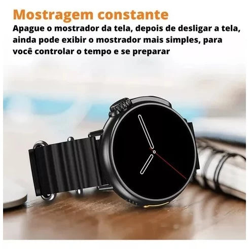 Smartwatch S9 Ultra Pro Série 9 com Tela HD Chamadas Bluetooth Coroa Giratória Pulseira Couro PU e Oceano Monitoramento de Saúde e App WearFit Pro para Android e iOS
